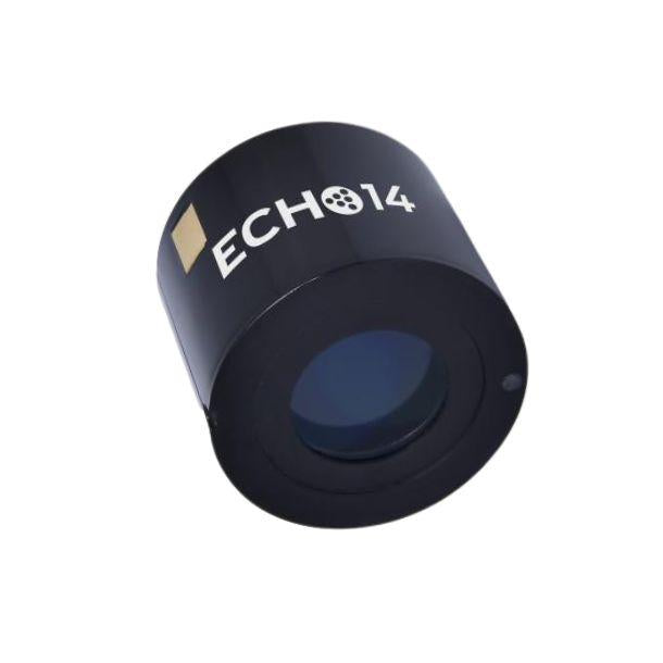 Exosens ECHO14-series image intensifier with an 18 mm-format body and 14 mm active input window, on a white background